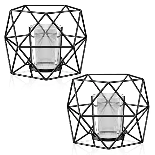 Gvolatee 2 Stück Teelichthalter Kerzenhalter Metall Schwarz, Geometrisches Kerzenständer Vintage, Hohl Eisen Kerzenlaternen Halter, Stumpenkerzenhalter für Tischdeko, Party, Hochzeit, Wohnzimmer