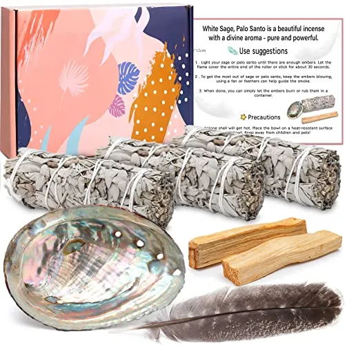 Amzeeniu Weisser Salbei 3 Bündel10,2cm und 2 Palo Santo10cm Lange Abalone-Muschel 11cm,Feder Räucherset Smudge Kit Raucherbündel,Beseitigt Negative Energien,Fördert die Meditation Rituale