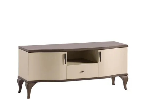 Beige TV-Lowboard aus Holz mit Regalen und Schubfächern - Stylisches TV-Lowboard für das Wohnzimmer, Maße: 148 x 51 x 61 cm. Mit praktischen Regalen und einer Schublade bietet es ausreichend Stauraum für Unterhaltungselektronik.