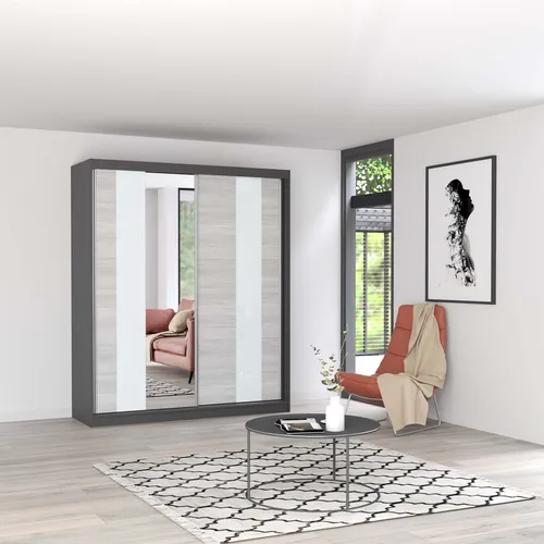 Eleganter Schwebetürenschrank Multi 32 mit Spiegel - Schwebetürenschrank in Grau/Kathult mit großzügigem Spiegel und edlen Lacobel-Glaseinsätzen. Ideale Lösung für stilvollen Stauraum im Schlafzimmer oder Flur.