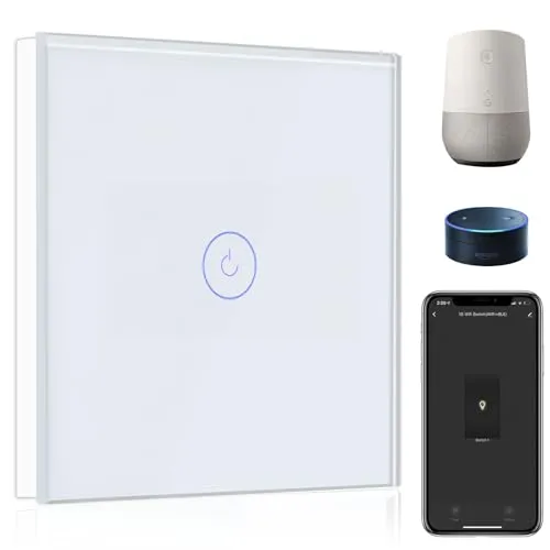 BSEED Smart Lichtschalter 1 Fach 1 Weg Wifi Smart Lichtschalter arbeitet mit Amazon Alexa and Google Home,Touch Wandschalte Glas Touchscreen-schalter Weiß, 2.4GHz(Erforderlich NeutralDraht)