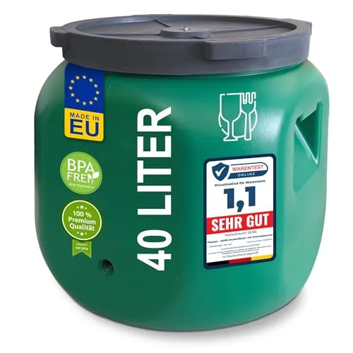 plasteo Weithalsfass 40 L Deckelfass lebensmittelecht – stabiles HDPE Universalfass mit Schraubverschluss, für Futter, Lagerung und Transport, grün, eckig