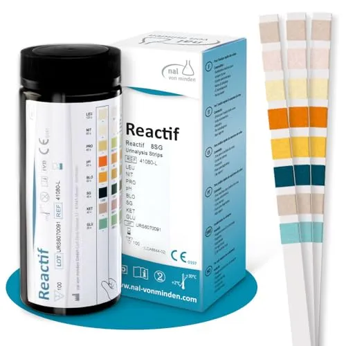 Reactif Urin Teststreifen - 100 Stück - 8 Gesundheitsindikatoren: Umfassender Gesundheitstest für Säure-Basen-Haushalt, Ketone, Diabetes, Blasenentzündung und mehr - Präzise Urinanalyse für zu Hause