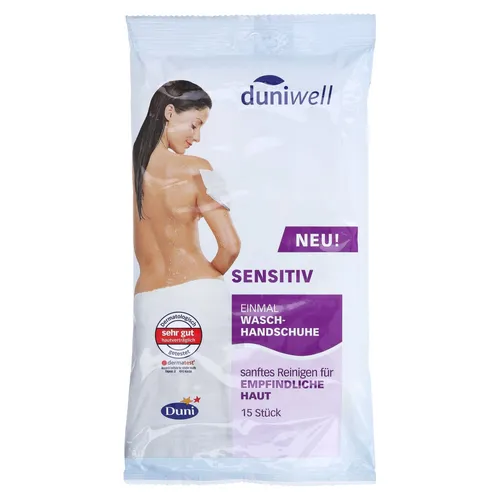 Duniwell Einmal Waschhandschuh Sensitiv 15 ST - Arzneimittel: Komfortable Einmal Waschhandschuhe, dermatologisch getestet und für alle Hauttypen geeignet – ideal für die tägliche Pflege.