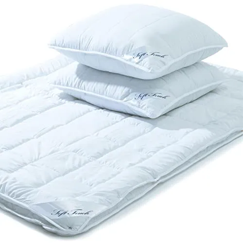 aqua-textil Soft Touch Bettdecke 4 Jahreszeiten 220 x 240 cm - Bettdecken Set mit 2 Kopfkissen 80 x 80 cm, ideal für ganzjährigen Komfort und ausgezeichnetes Schlafklima dank Oeko-TEX zertifizierter Füllung aus 100% Polyester.