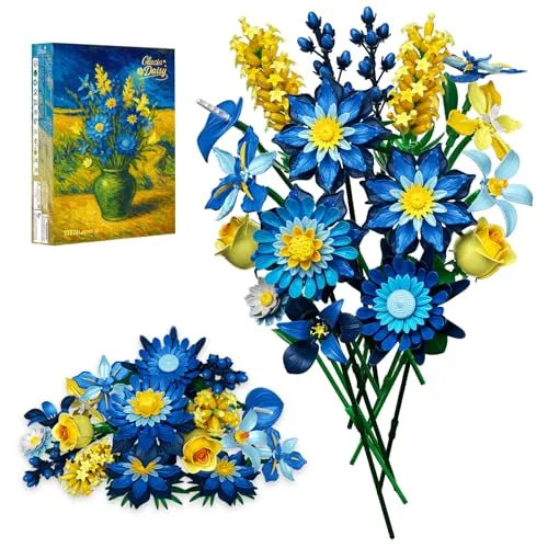 Rongmeiz Gänseblümchen-Blumenstrauß Bausatz: kunstinspiriertes eisblaues Arrangement mit Premium-Bausteinen, ewige DIY-Heimdekoration für Weihnachten – für Erwachsene & Kinder