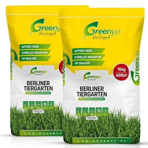 30kg Rasensamen Berliner Tiergarten I Rasensamen schnellkeimend für 1200m² I robuster Universalrasen Zierrasen Rasen Nachsaat I Greenyp Grassamen Rasensaat Gras - ideal als Neu- und Nachsaat.