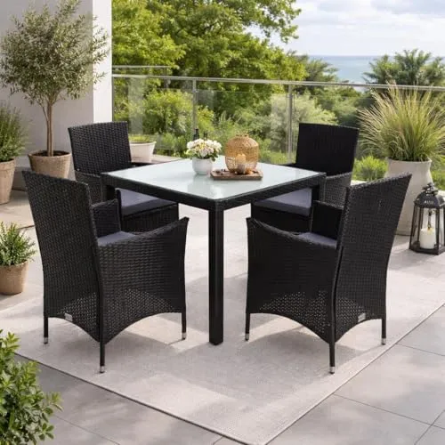 ESTEXO Polyrattan Gartenmöbel Set für 4 Personen - Essset für die Terrasse, inklusive bequemer Sessel mit Armlehnen und stabiler Tischplatte aus Sicherheitsglas. Ideal für Garten, Balkon oder Wintergarten.
