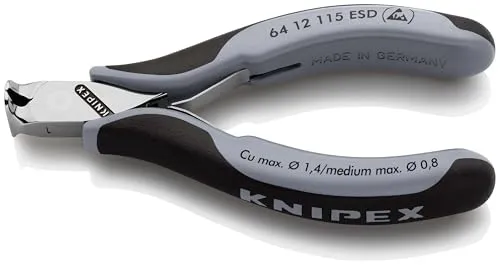 KNIPEX Elektronik-Vornschneider ESD 115 mm - Drahtschneider für präzise Schneidarbeiten in Elektronik und Feinmechanik, mit elektrisch ableitenden Griffen und reibungsfreier Doppelfeder für sanftes Öffnen.