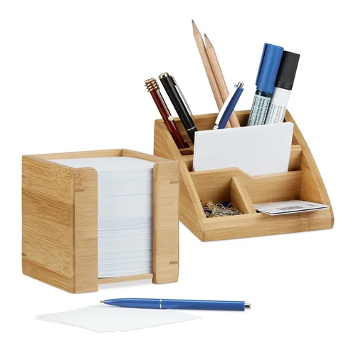 Bambus Schreibtisch Organizer Set mit Zettelbox - Praktisches Büro Utensilo aus hochwertigem Bambus, ideal für Ordnung und Übersicht auf Ihrem Schreibtisch. Platz für 900 Blatt!