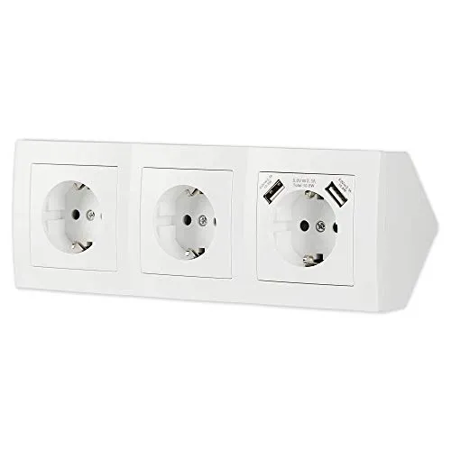 Steckdose 3-fach + 2x USB für Küche und Büro - Schreibtischsteckdose in weiß aus hochwertigem Kunststoff ideal für Arbeitsplatte, Tischsteckdose oder Unterbausteckdose mit 3 Steckdosenelement