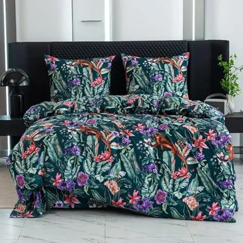 Cotton Market Bettwäsche 200x200 cm - Bettwäsche Mikrofaser Baumwolle - Herbst Bettwäsche-Sets 3 Teilig ‎mit Reißverschluss - Blumen Bettbezug mit 2 Kissenbezug 70x80 cm - Äffchen/Grün