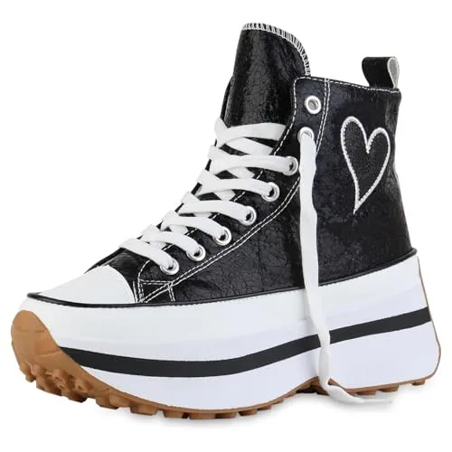 VAN HILL Damen Plateau Sneaker Blockabsatz Glitzer Trendy Schuhe 216848 Schwarz 38
