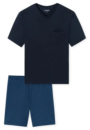Schiesser Herren Schlafanzug kurz mit V-Ausschnitt - Schlafanzüge für Herren, bequemes Nightwear Set mit unifarbenem T-Shirt und gemusterten Shorts für entspannten Schlaf.