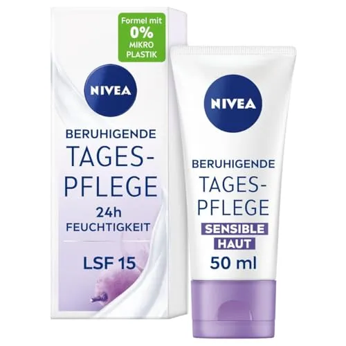 NIVEA Beruhigende Tagespflege 24h Feuchtigkeit LSF 15 - Tagespflege für sensible Haut – Die parfumfreie Creme mit Traubenkernöl bietet 24h Feuchtigkeit und schützt mit LSF 15 vor lichtbedingter Hautalterung.