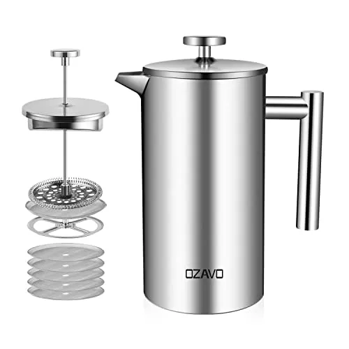 OZAVO Kaffeebereiter 1L French Press Edelstahl Thermo - Kaffeepresse mit 1000 ml Kapazität, doppelwandig isoliert für lange Wärmehaltung, ideal für Kaffee und Tee, inklusive 3 Ersatzfiltern für vielseitigen Einsatz.