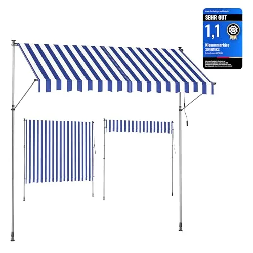 SONGMICS Klemmmarkise, höhenverstellbar mit Handkurbel, 300 x 120 cm, blau-weiß