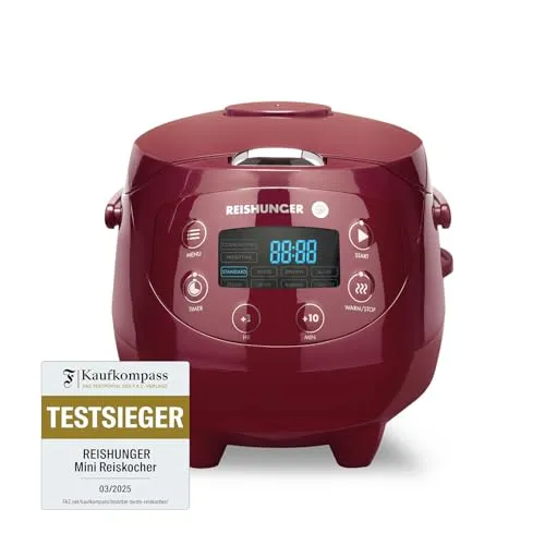 REISHUNGER Digitaler Reiskocher klein, bordeaux | 0,6 L bis 3 Personen | Warmhaltefunktion, Timer & Premium Topf | Kleiner Multikocher & Dampfgarer, 8 Programme, 7-Phasen-Technologie