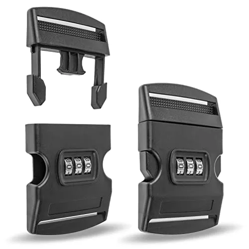 Steckschnallen mit Zahlenschloss, 2 Stück, Größe 50 mm, Schwarz, Kunststoff, für bis 50 mm Gurtbänder, Steckschnallen-Klickverschluss, Ersatz Steckverschluss, Schnalle Reparatur, Rucksack Gurtschnalle