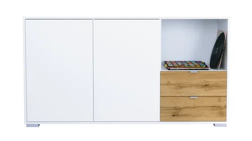 Vladon Sideboard Milano (Kommode mit 2 Türen Weiß matt, 2 Schubladen Eiche Evoke, Made in Germany), Korpus Weiß matt (152,5 x 83 x 37 cm)