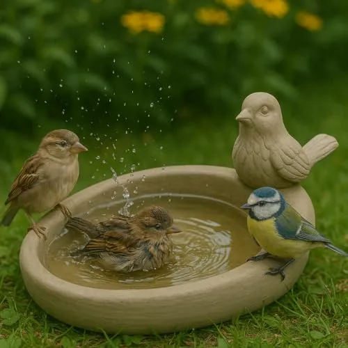 KAMACA Vogeltränke aus Stein mit Deko-Vogelfigur – Wetterfest & rustikale Gartendeko