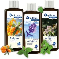 Spitzner Saunaaufguss Set - Klar & Frisch (3x190ml) - Erleben Sie erfrischende Düfte mit dem Spitzner Saunaaufguss Set. Enthält Sanddorn, Eisminze und Melisse-Honig für ein revitalisierendes Saunaerlebnis. Ideal für entspannende Momente!