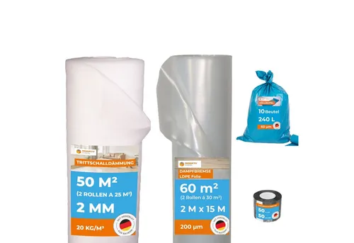 Produktiv Handel Trittschalldämmfolie Trittschalldämmung Profi Basic 2 mm, 2 mm Stärke, für Laminat und Parkett, (50 m², 2 Rollen á 25 m), für Fußbodenheizung geeignet, inkl. Dampfbremse, Müllsäcke, Klebeband