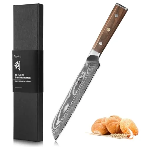 Wakoli Damast Brotmesser 20 cm – Hochwertiges Küchenmesser mit Walnussholzgriff