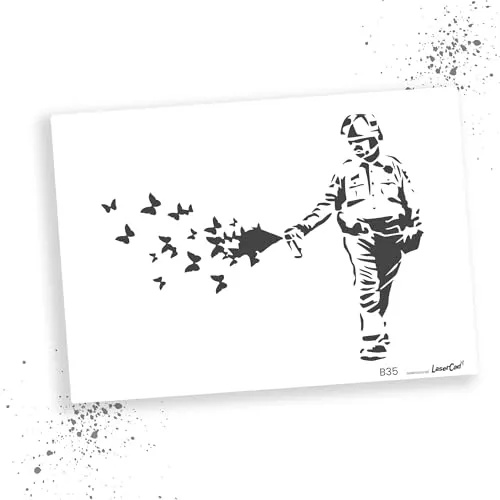 LaserCad Schablonen BANKSY Streetart (B035, Cop Spraying Butterflies Graffiti, DIN A3) Stencil für Graffiti, Airbrush, Kunst, Deko, zum Malen