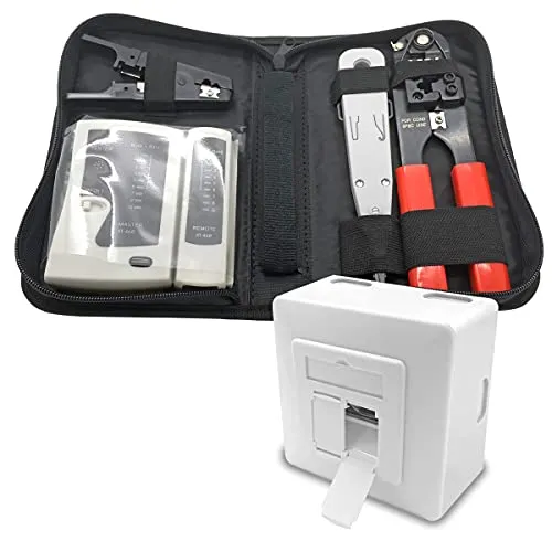 Cat6a Netzwerkdose mit Werkzeugset – ARLI 2x RJ45 Port - Praktisches Netzwerk-Werkzeugset mit 4 hochwertigen Werkzeugen und Tasche, ideal für die Installation. Enthält Crimpzange, LSA-Werkzeug, Tester und Abisolierer. Perfekt für schnelle und einfache Verkabelung.