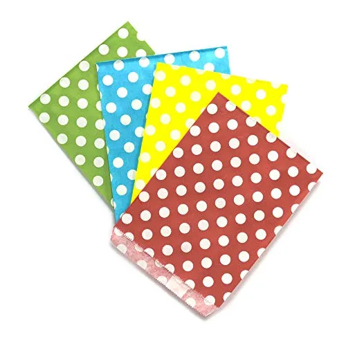 Frau WunderVoll® 100 PAPIERTÜTEN IM Set 8, 4x25 Stück: grün Punkte, beachblau Punkte, gelb Punkte, rot Punkte 13x16,5cm, 45Gramm Papier, flach/Hochzeit, Papiertütchen, Mitgebseltüten