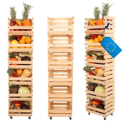 MODO24 Modular Holzregal für Gemüse & Obst auf Rollen, Stapelbares Regalsystem aus Kiefernholz, 6 Holzkisten, Kartoffelsteige, Küchenregal, Vorratsregal, Gemüseregal, Abm. 157x37x30 cm, Fargbe: Natur