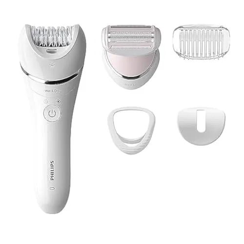 Philips Serie 8000 Epilierer, nass und trocken, kabellos, Haarentfernung für Beine und Körper, mit 5 Zubehörteilen, inklusive Rasierkopf - BRE710/01, Weiß