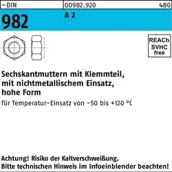 Hohe 6-kant Mutter DIN 982 Edelstahl A2 M10 - Sonstige Elektroinstallationsartikel, hohe Sechskantmutter aus Edelstahl A2 mit nichtmetallischem Klemmteil für hohe Stabilität und Temperaturbeständigkeit von -50°C bis 120°C.