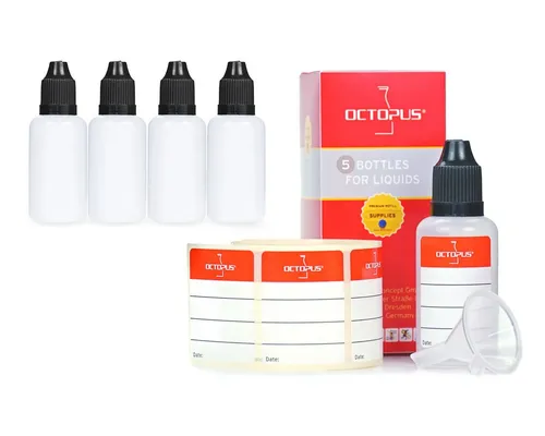 OCTOPUS Kanister 5 Plastikflaschen mit Trichter 30ml LDPE G14 Deckel schwarz