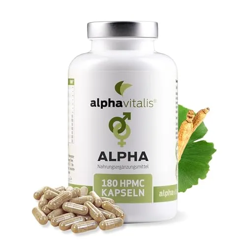 alphavitalis ALPHA Männer Kapseln zur Langzeitanwendung mit Zink (für eine normale Fruchtbarkeit und Reproduktion), Aminsoäure L-Arginin, Maca Schwarz, Tribulus Terrestris, Ginkgo, Ginseng