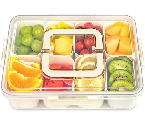 Refined Living Frischhaltedose Snackbox mit 8 Fächern, Servierplatte, Snackschale mit Deckel & Griff, Lebensmittelechtes PP, (Tragbarer Snack Organizer, Snackdose mit Deckel, Vorratsdose mit Fächern, Aufbewahrungsbox Snacks, Obstbox Kinder, Bento Box Organizer, Picknick Snackbox, Party Snacktablett, Picknick-Box, Lebensmittelechtes Premium-Material, Kühlschrank-Organizer, Geschenkbox, 1-tlg., BPA-frei, Tragbar & auslaufsicher, 8 herausnehmbare Fächer), für Snacks, Obst, Nüsse, Süßigkeiten, Dips, Gewürze, Schmuck, Werkzeug