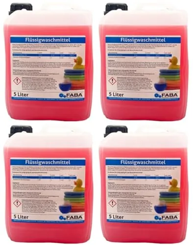 FABA Flüssigwaschmittel Konzentrat 4 x 5 L - Waschmittel für weiße und bunte Wäsche, schont Farben und Gewebe, sorgt für langanhaltenden Duft und optimale Reinheit bei 30° bis 95°. Inklusive gratis Ausgießer.