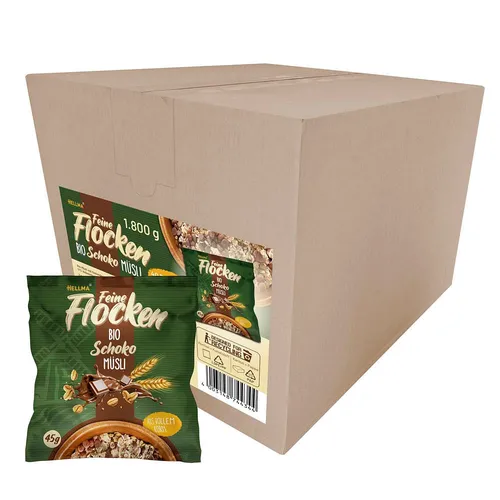 HELLMA Bio Schoko Müsli 40 x 45,0 g - Leckeres Bio Müsli mit Schokoladengeschmack, ideal für einen energiereichen Start in den Tag, 1,8 kg Gesamtgewicht.