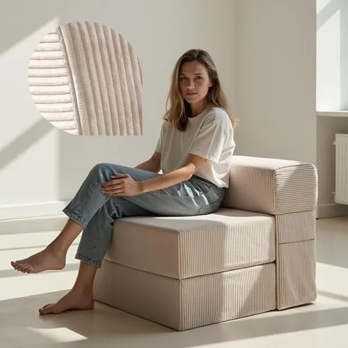 Schlafsessel mit Bettfunktion – Cord Sofa, Schlafsofa 75 cm breit, faltbare Schlafcouch & Gästematratze für 2, klappbares Sofa Bett – Sehr dick 19cm & bequem H3 – Test SEHR GUT Oeko-TEX Klappmatratze