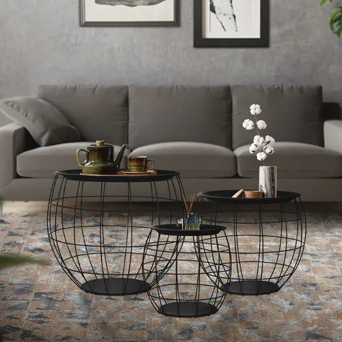 ML-Design Beistelltisch 3er Set, rund, Schwarz - Satztische fürs Wohnzimmer - Flexibles 3er Set aus robustem Metall mit abnehmbaren Tischplatten und praktischem Stauraum, ideal für jeden Raum.