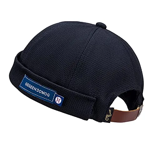 CLAPE Mesh Docker Cap Herren Dockermütze Kurz Adjustable Brimless Hat Cap Ohne Schirm Seemannsmütze Hafenmütze Rolled Cuff Harbour Hat Black CT18