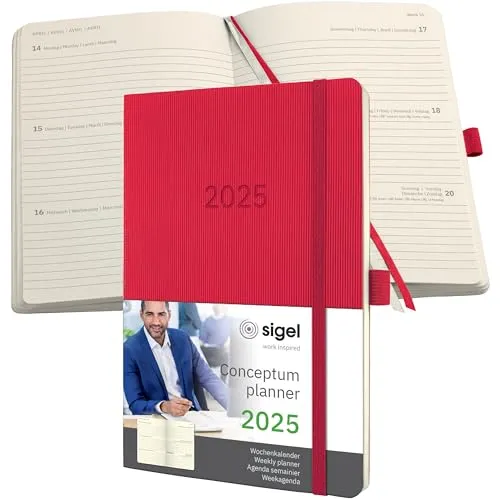 SIGEL C2534 Wochenplaner 2025 - A5, rot, Softcover - Praktischer Wochenkalender 2025 im eleganten Design mit 192 Seiten, Gummiband, Stiftschlaufe und Archivtasche aus nachhaltigem Papier. Ideal für eine organisierte Planung im Arbeitsalltag.