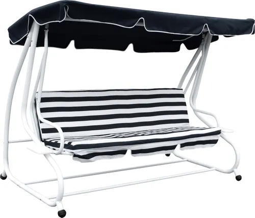DEGAMO Hollywoodschaukel MIAMI, 4-Sitzer mit Liegefunktion - Große 4-Sitzer Hollywoodschaukel mit Liegefunktion, ideal für entspannte Stunden im Garten. Stabiles, pulverbeschichtetes Gestell und witterungsbeständige Bezüge in Weiß/Blau.