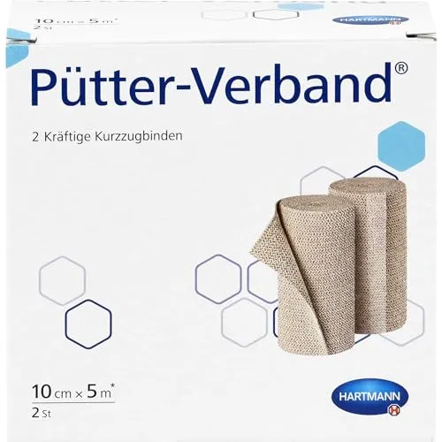 Pütter Verband 10cmx5M 2 ST - Arzneimittel für starke Kompression, ideal nach Varizenverödungen und bei venösen Stauungsödemen, atmungsaktiv und hautverträglich, aus 100% Baumwolle für optimalen Tragekomfort.
