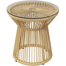 Outsunny Runder Rattan Beistelltisch mit Glastischplatte - Ablagetisch für Terrasse und Balkon, modern im Boho-Stil, leicht zu bewegen und vielseitig einsetzbar als Couchtisch oder Pflanzenhocker.
