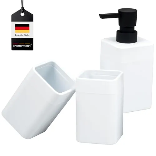 bremermann Badaccessoire-Set SAVONA 3tlg. Soft-Touch, eckig - Elegantes 3-teiliges Bad-Accessoire-Set mit Soft-Touch-Oberfläche. Der formschöne Seifenspender und die vielseitigen Becher bringen Ordnung und Stil in Ihr Badezimmer. Pflegeleicht und minimalistisch im Design.