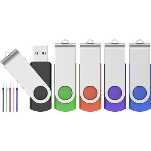 FEBNISCTE 5 Stück USB Sticks 1GB - Speicherstick Einklappbar mit Drehgelenk Bunt USB 2.0 Memory Sticks 1 GB Datenspeicher Flash Drive in 5 Farben Schwarz/Blau/Grün/Violett/Rot