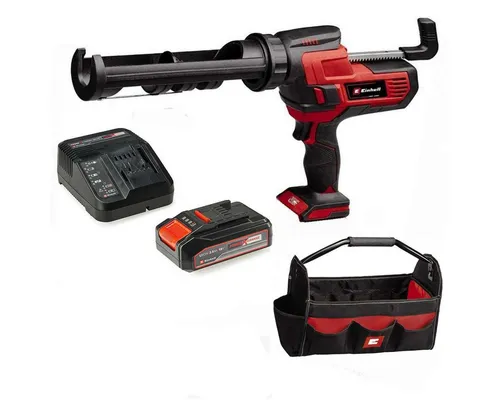 Einhell Akku-Kartuschenpistole TE-SG 18/10 Li - Klebepistole mit 2000N Auspresskraft, ideal für 310ml-Kartuschen. Mit LED-Licht und Rückfahrmechanismus für sauberes Arbeiten. Inkl. 2,5 Ah Akku, Ladegerät und Bag.