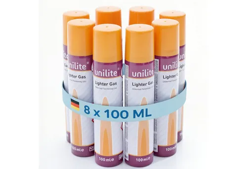 Unilite Gas Feuerzeuggas Kartusche 100ml Set mit 5 Adapter, für Feuerzeuge, Sturmfeuerzeuge, Flammbierbrenner, Gasbrenner